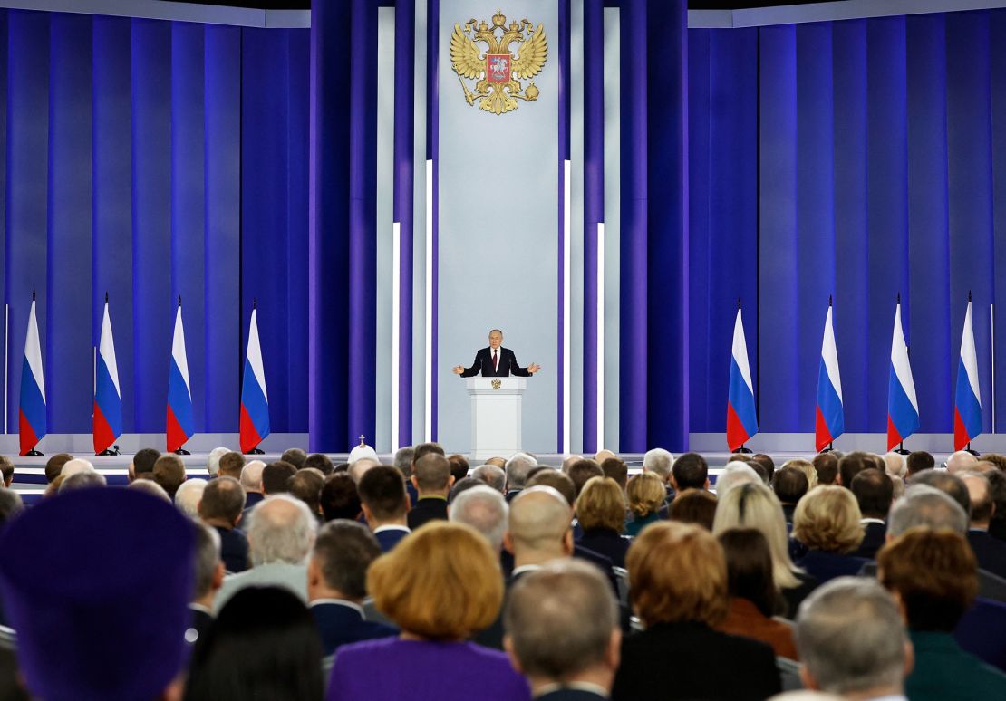 El presidente de Rusia, Vladimir Putin, pronuncia su discurso anual ante la Asamblea Federal en Moscú, Rusia, el 21 de febrero.