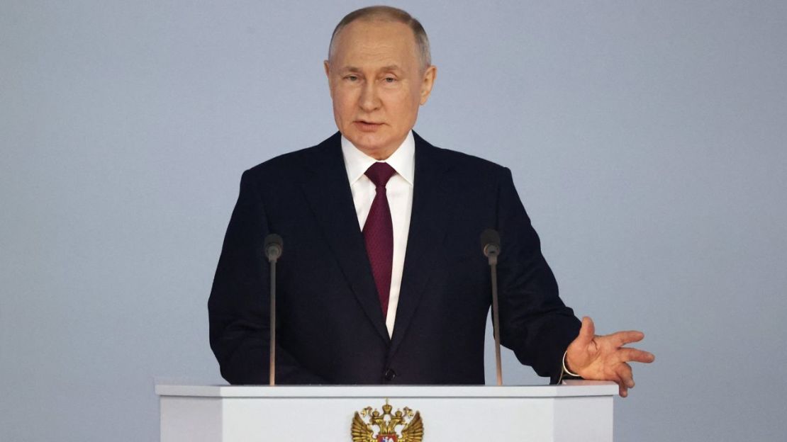 El presidente de Rusia, Vladimir Putin, mientras pronuncia su discurso el 21 de febrero. Crédito: Pavel Bednyakov/Sputnik/AFP/Getty Images