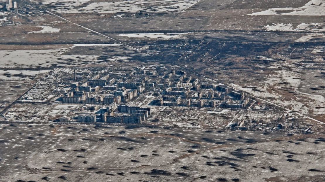 Vista aérea de Vuhledar, el sitio de duras batallas en la región de Donetsk, el 10 de febrero.