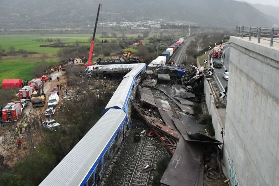 Rail accident involving a collision between a cargo and a passenger train in the Evangelismos area of Larissa, Greece on March 1, 2023. (Photo by STRINGER / SOOC / SOOC via AFP)