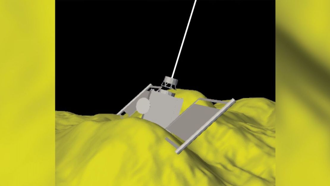 El cuerpo de la nave espacial DART chocó entre dos grandes rocas mientras sus dos paneles solares impactaron contra esas rocas, como se muestra en esta representación.