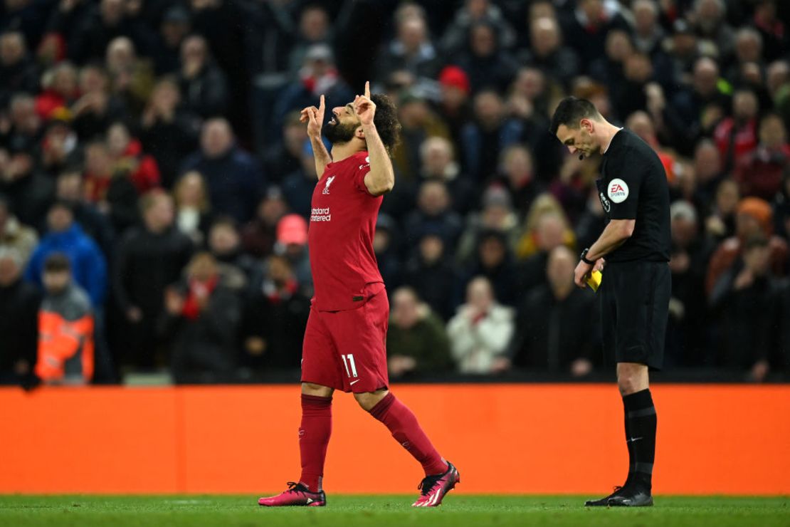 Mohamed Salah celebra tras marcar el sexto gol en Anfield. Crédito: Michael Regan/Getty Images