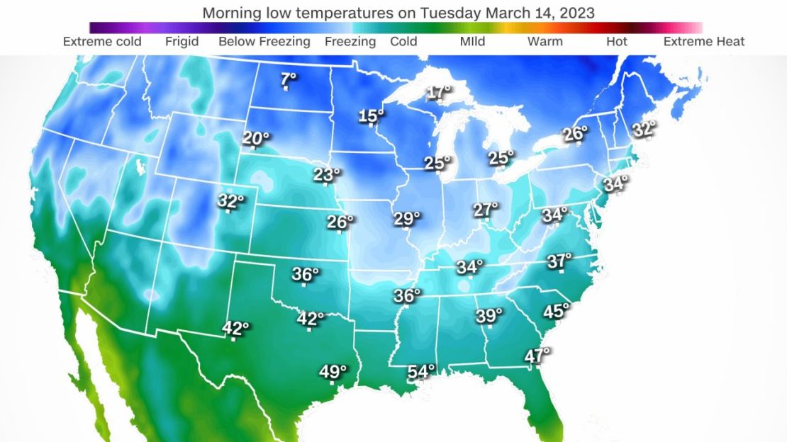 Temperaturas esperadas para la mañana del 14 de marzo.