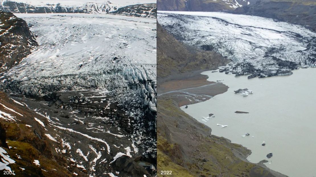 Estas fotos, tomadas en 2007 y 2022, muestran el retroceso del glaciar Sólheimajökull, en Islandia. Se calcula que en las dos últimas décadas la velocidad de deshielo de los glaciares se ha duplicado debido al calentamiento global. Crédito: © 2023 James Balog/Earth Vision Institute