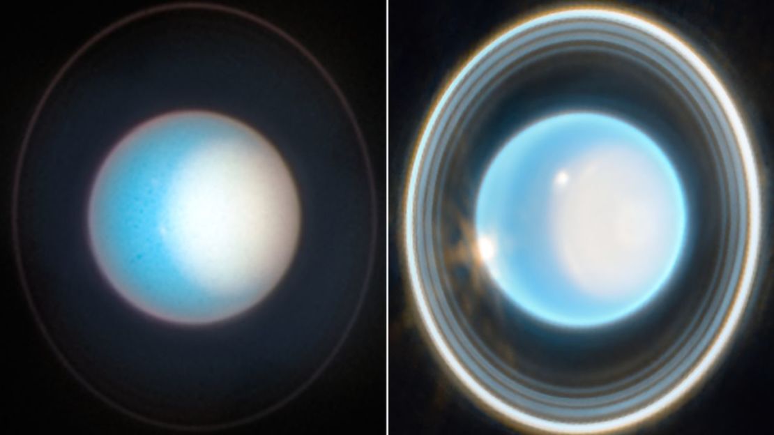 Una imagen tomada por el Hubble en noviembre de Urano (izquierda) capturó el brillante casquete polar del planeta, mientras que la imagen reciente de Webb mostró más detalles, con un sutil aumento del brillo en el centro del casquete.