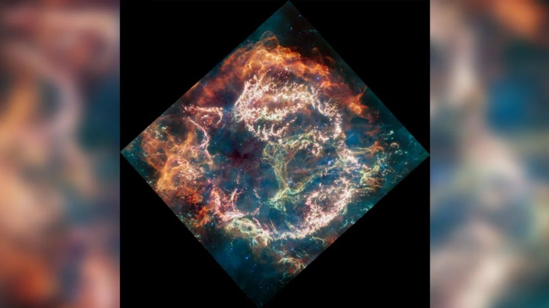 El colorido remanente de supernova Cassiopeia A fue captado en luz infrarroja por el telescopio Webb. Crédito: NASA/ESA/CSA/D. D. Milisavljevic/T. Temim/I. De Looze