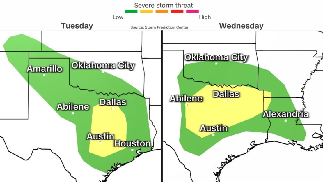 El mapa muestra la previsión de tormentas severas, de baja a alta, según el color. Crédito: CNN Weather