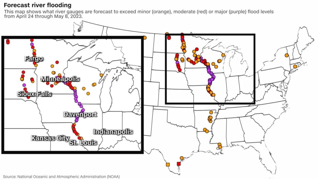 Previsión de inundaciones fluviales del 24 de abril al 8 de mayo de 2023. Crédito: CNN Weather