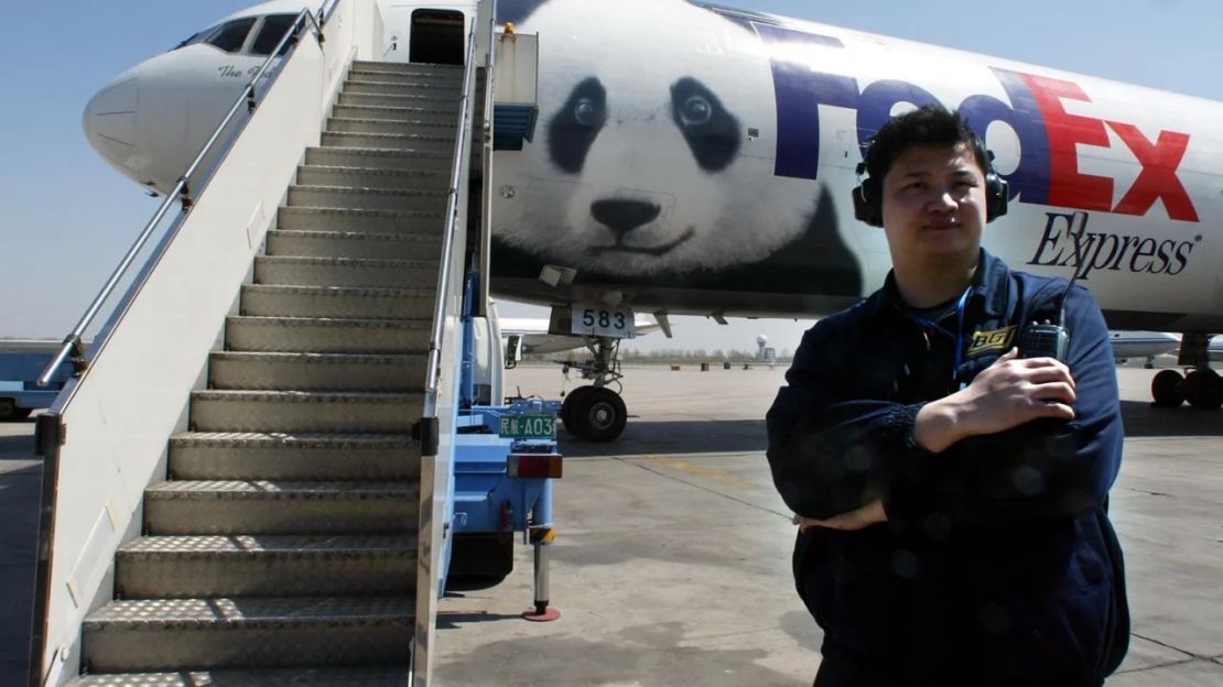 Un funcionario del aeropuerto chino junto al Panda Express, un avión de FedEx pintado con la cara de un panda gigante, que transporta a Ya Ya y Le Le de Beijing a Memphis el 7 de abril de 2003. Crédito: NG HAN GUAN/AP