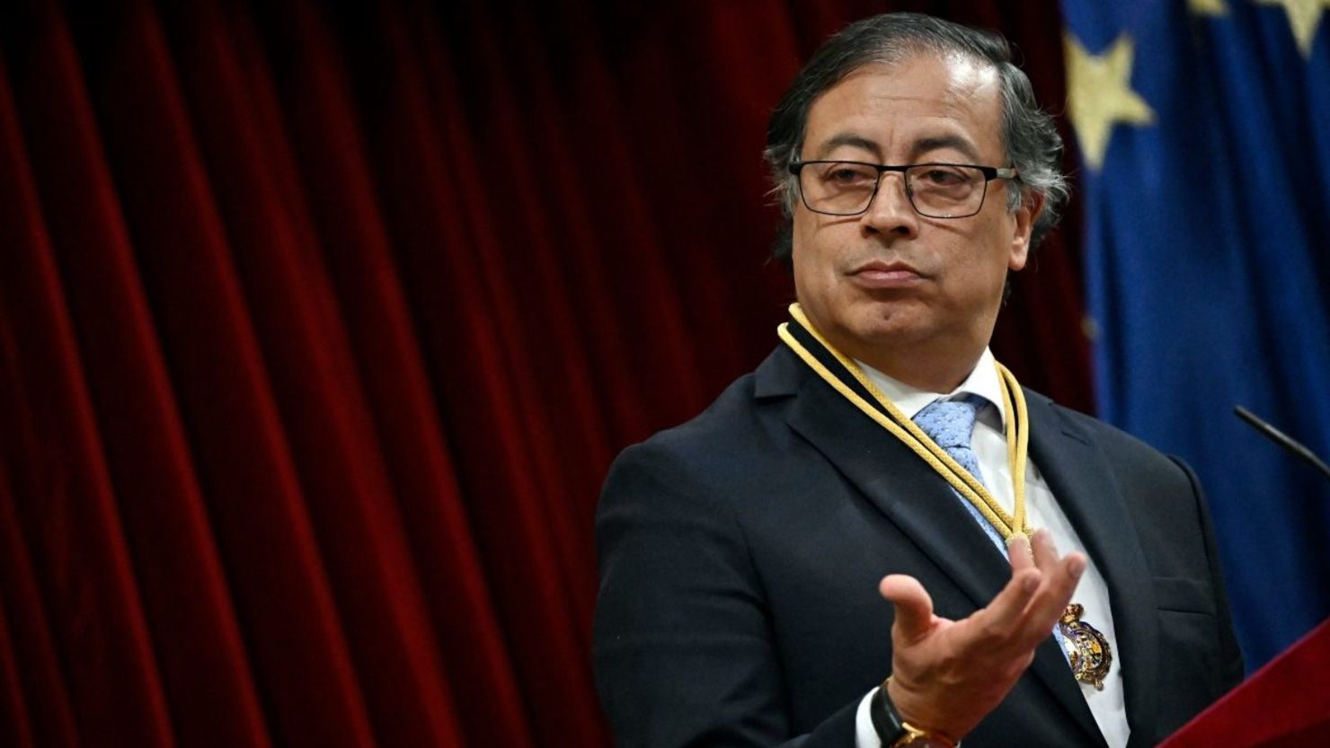 El presidente de Colombia, Gustavo Petro, se dirige al Parlamento español en el Congreso de los Diputados en Madrid el 3 de mayo de 2023.
