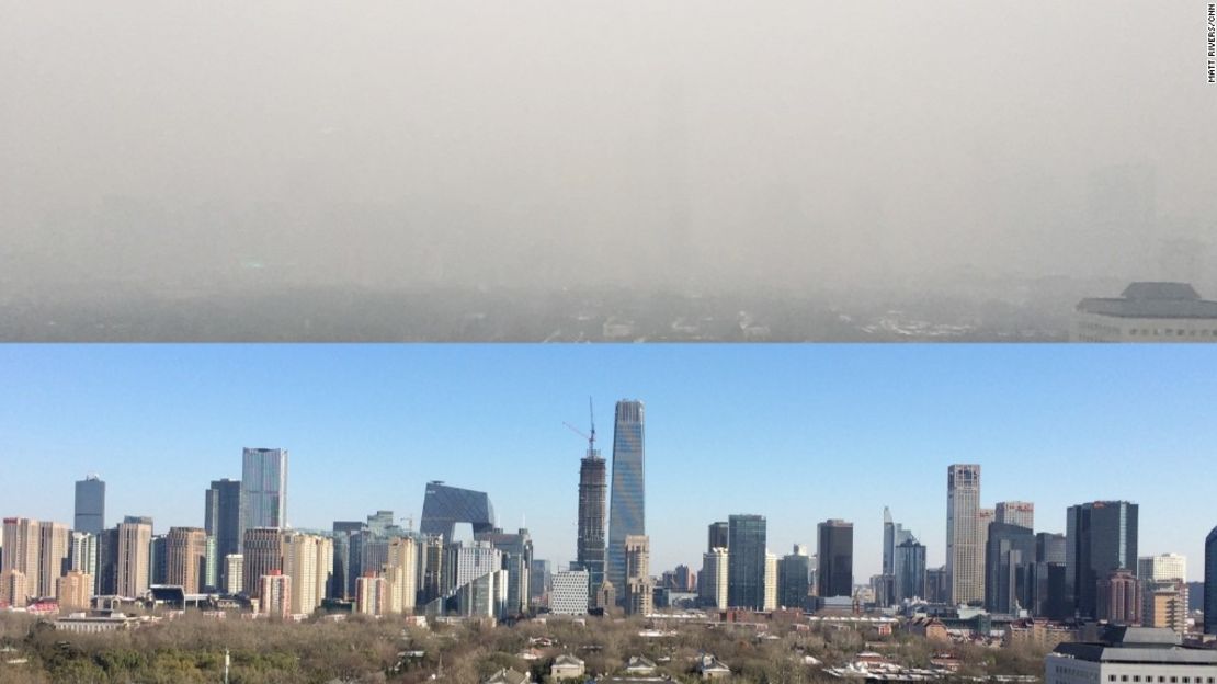 En la parte superior, vista de Beijing desde el Buró de CNN en la capital china, tomada el 27 de noviembre. En la parte inferior, misma vista días antes de la alerta.