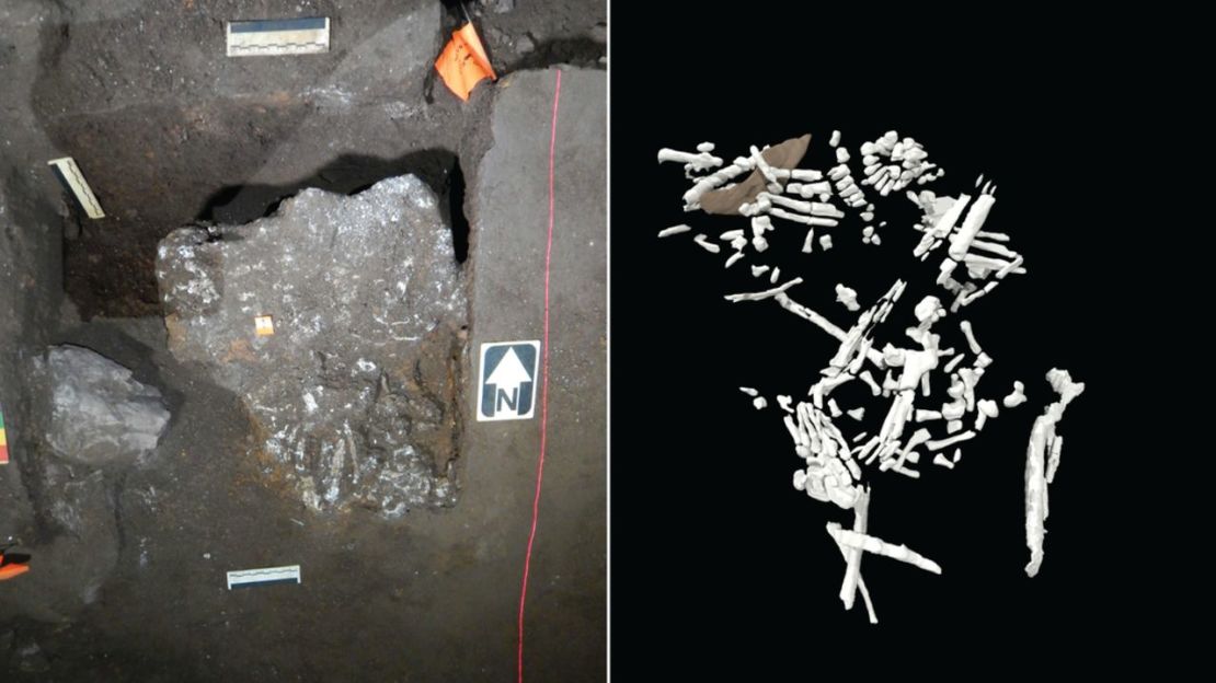 La Antecámara de la Colina de la cueva (izquierda) contiene los restos de al menos cuatro niños Homo naledi. Uno de ellos (derecha), representado mediante tomografía computarizada (TC), tenía aproximadamente 13 años en el momento de su muerte.