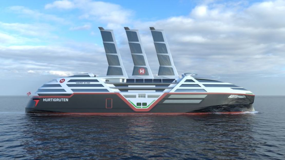 La compañía de cruceros Hurtigruten Norway ha presentado un diseño para un barco de cero emisiones que depende de la energía eólica y solar. El buque, que se muestra aquí en una representación, será eléctrico y estará equipado con baterías que se cargarán con energía renovable cuando esté en puerto. También estarán propulsados ​​por velas retráctiles cubiertas con paneles solares.