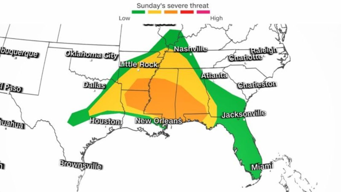 Alrededor de 40 millones de personas en todo el sur de EE.UU. están en riesgo de mal tiempo este domingo mientras las tormentas se mueven en el Valle del Bajo Mississippi y el centro de los estados de la costa del Golfo, con lo cual hay riesgo de granizo grande y vientos destructivos.