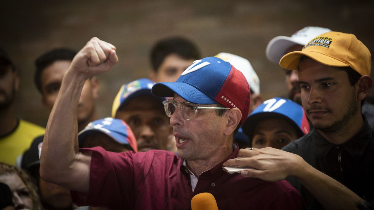 CARACAS, VENEZUELA - JUNE 24: Opposition leader Henrique Capriles addresses the media after signing his presidential candidacy application at the national primary commission  on June 24, 2023 in Caracas, Venezuela. Henrique Capriles is currently banned from holding public office for allegedly incurring in illegal administration as Governor of the state of Miranda. Capriles will take part in the primary elections called by the opposition for October.