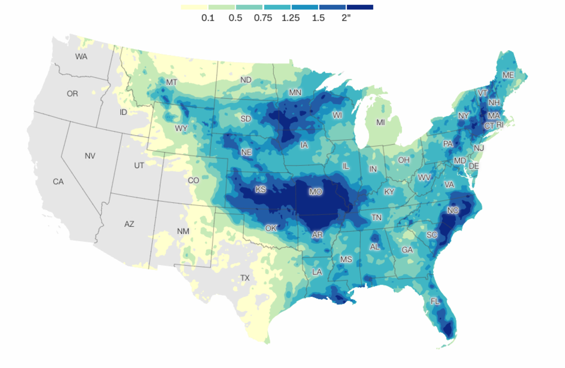 Aquí se ve la cantidad acumulada de lluvia y otras precipitaciones pronosticadas para los próximos siete días.Pronóstico de precipitación de 7 días, en pulgadas.Datos actualizados por última vez el 3 de julio de 2023.Fuente: Centro de Predicción del Tiempo del Servicio Meteorológico NacionalGráfico: John Keefe, CNN