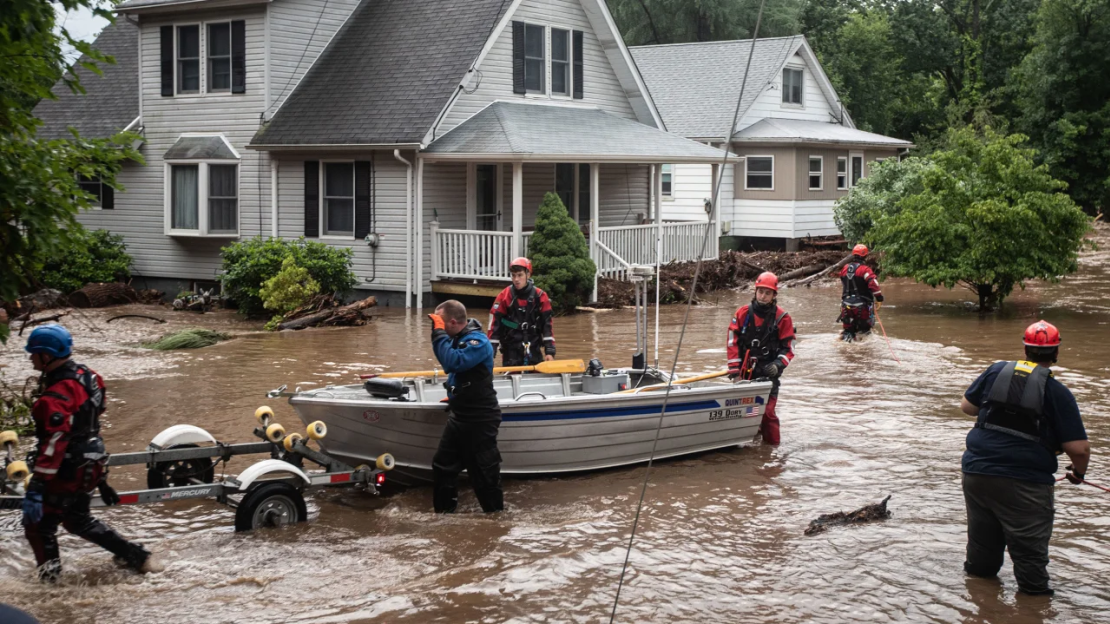 El personal de emergencia utilizó un bote para rescatar a los residentes de las casas inundadas en Lowland Hill Road en Stony Point, Nueva York, este domingo.