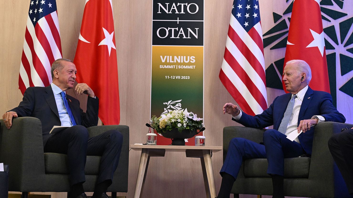 US President Joe Biden (R) and Turkey's President Recep Tayyip Erdogan hold bilateral talks at the NATO Summit in Vilnius on July 11, 2023. (Photo by ANDREW CABALLERO-REYNOLDS / AFP)