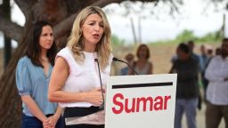 La líder de Sumar, Yolanda Diaz, durante un acto de campaña el 17 de julio de 2023 en Pamplona, Navarra, España.