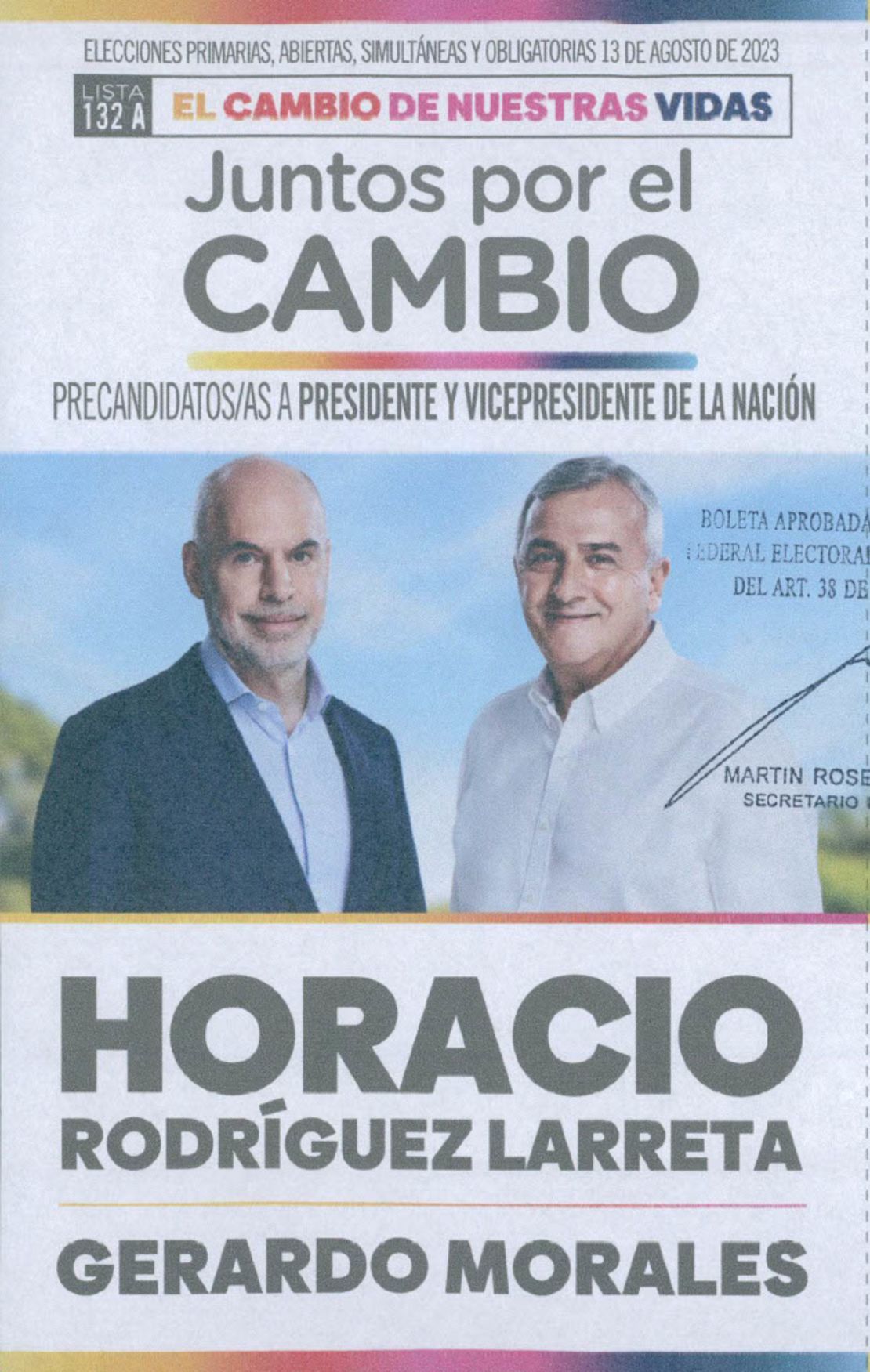 Bajo la lista 132A, la coalición Juntos por el Cambio resgistró esta boleta con la fórmula Horacio Rodríguez Larreta y Gerardo Morales para las elecciones PASO 2023 de Argentina.