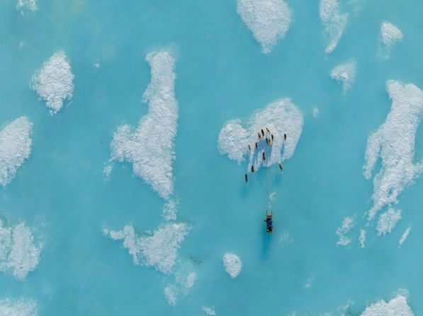 Durante una carrera nocturna en las afueras de Iqaluit (Nunavut, Canadá) en junio de 2022, un equipo canino corre entre charcos de agua que se han formado sobre el hielo marino derretido. Normalmente, desde finales de diciembre hasta junio, gran parte del agua de esta zona está congelada. Pero a medida que suben las temperaturas, la nieve que cubre el hielo se derrite, creando grandes charcos de agua que revelan el hielo azul turquesa que hay debajo.