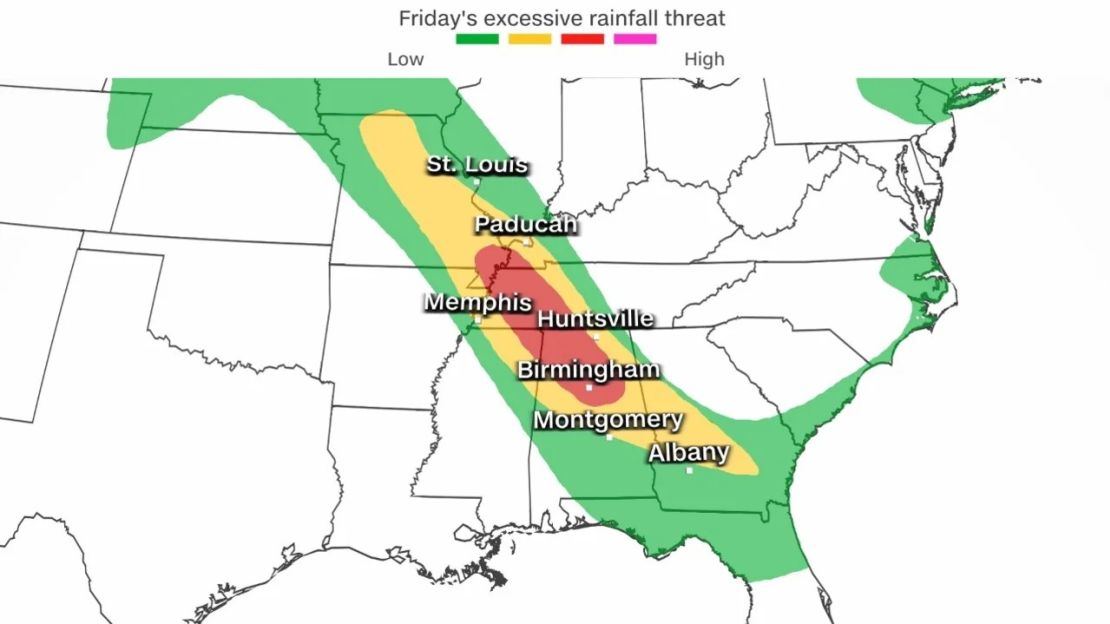 Aquí se muestran las zonas de mayor riesgo de lluvias torrenciales que podrían provocar inundaciones. El nivel de amenaza va de leve a mayor, de verde a fucsia. Crédito: CNN Weather