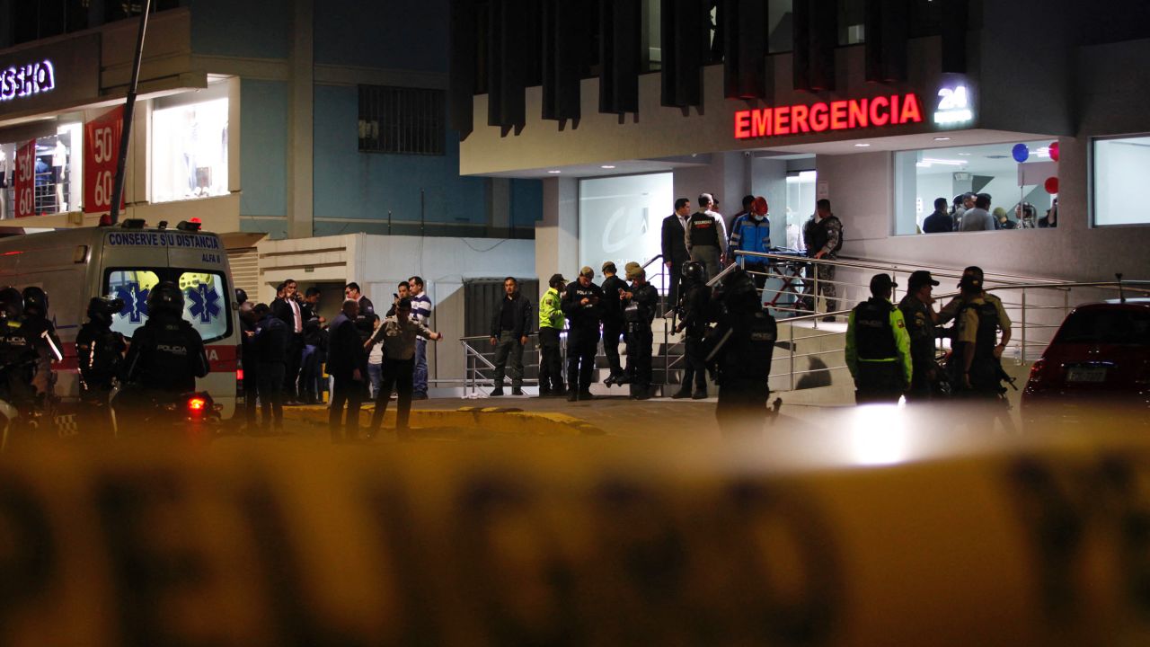 General view of the hospital where presidential candidate Fernando Villavicencio was taken after being shot at a rally in Quito, on August 9, 2023. Villavicencio was shot to death after a rally in Quito. Villavicencio, 59 years old and whose death was confirmed by local media by the Minister of the Interior, Juan Zapata, friends and relatives of the victim, was one of the eight candidates in the first round of the presidential elections that are held in advance on August 20 in Ecuador, a country suffering an increase in violence linked to drug trafficking. (Photo by Galo PAGUAY / AFP)