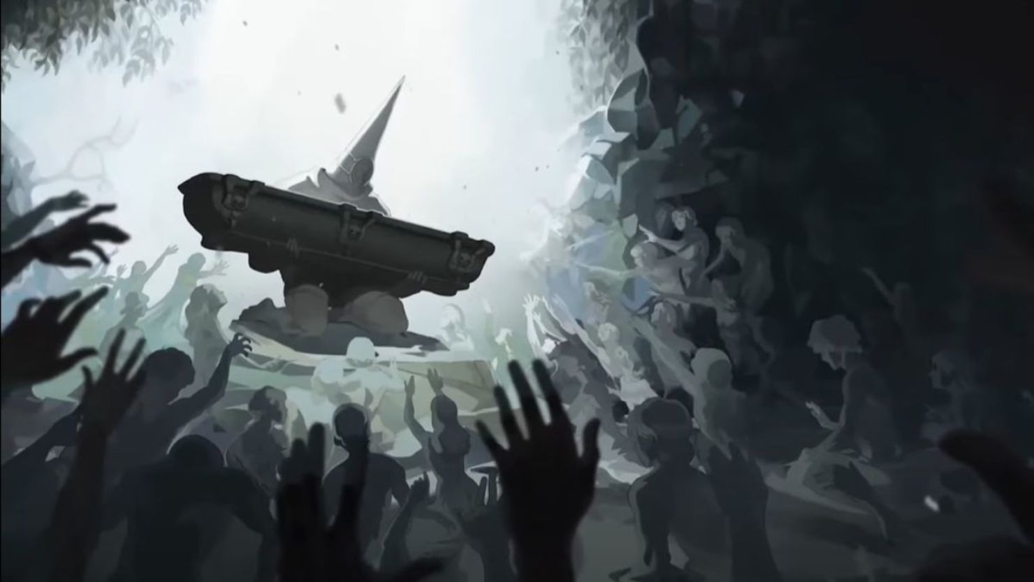 Captura de pantalla de una secuencia cinemática de "Blasphemous II"