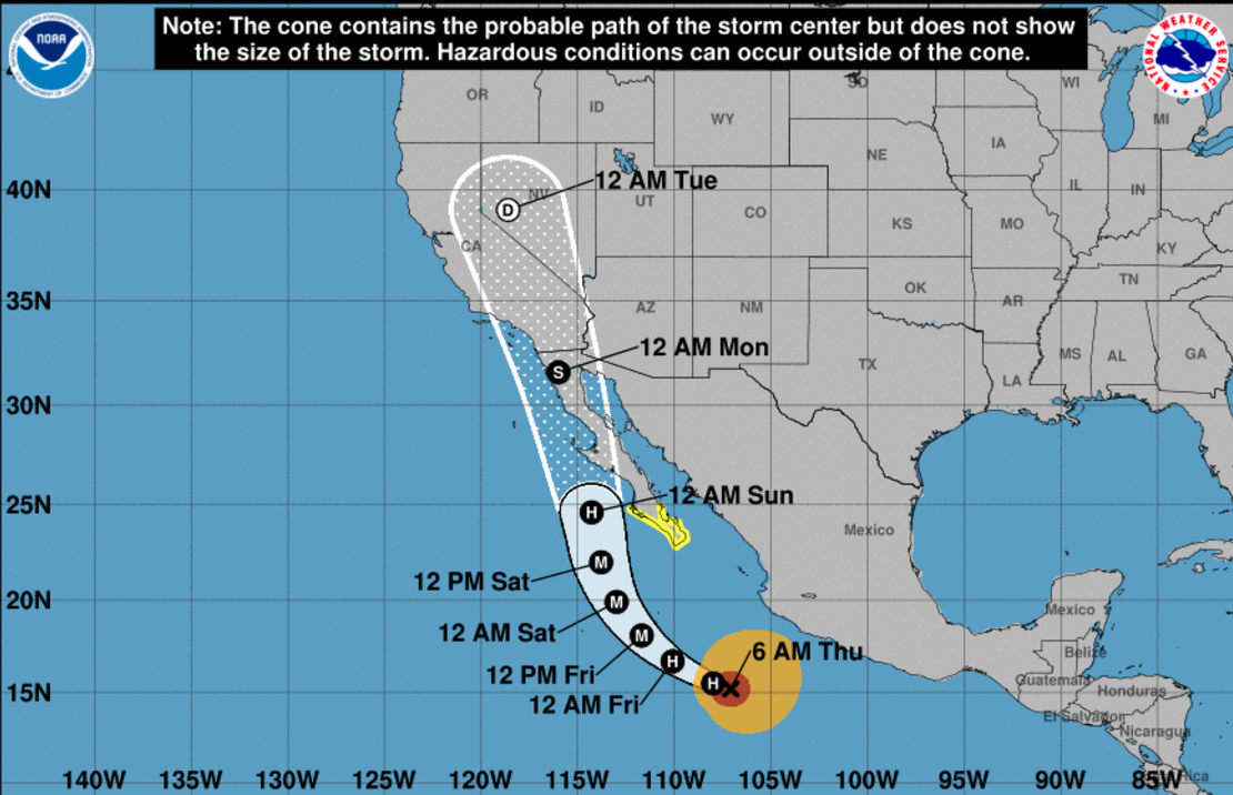 Según el NHC, en Estados Unidos el huracán Hilary se moverá hacia el norte por la costa este y podría tocar tierra como una tormenta tropical este lunes, alcanzando con sus vientos a los estados de California y Nevada. De acuerdo con el pronóstico actual, el martes se adentraría más, aunque como una depresión tropical.