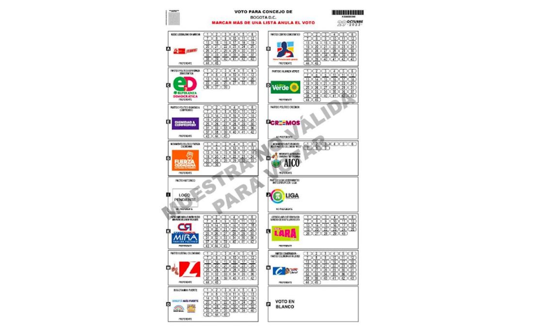 Tarjetón de listas al Concejo de Bogotá para las elecciones de octubre de 2023.