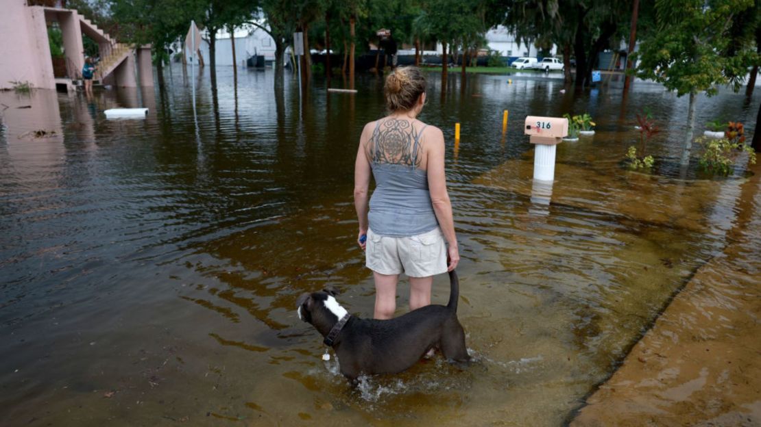 Kyan Watson y su perro Brandon contemplan las aguas de la inundación del huracán Idalia que rodea su casa el 30 de agosto de 2023 en Tarpon Springs, Florida.