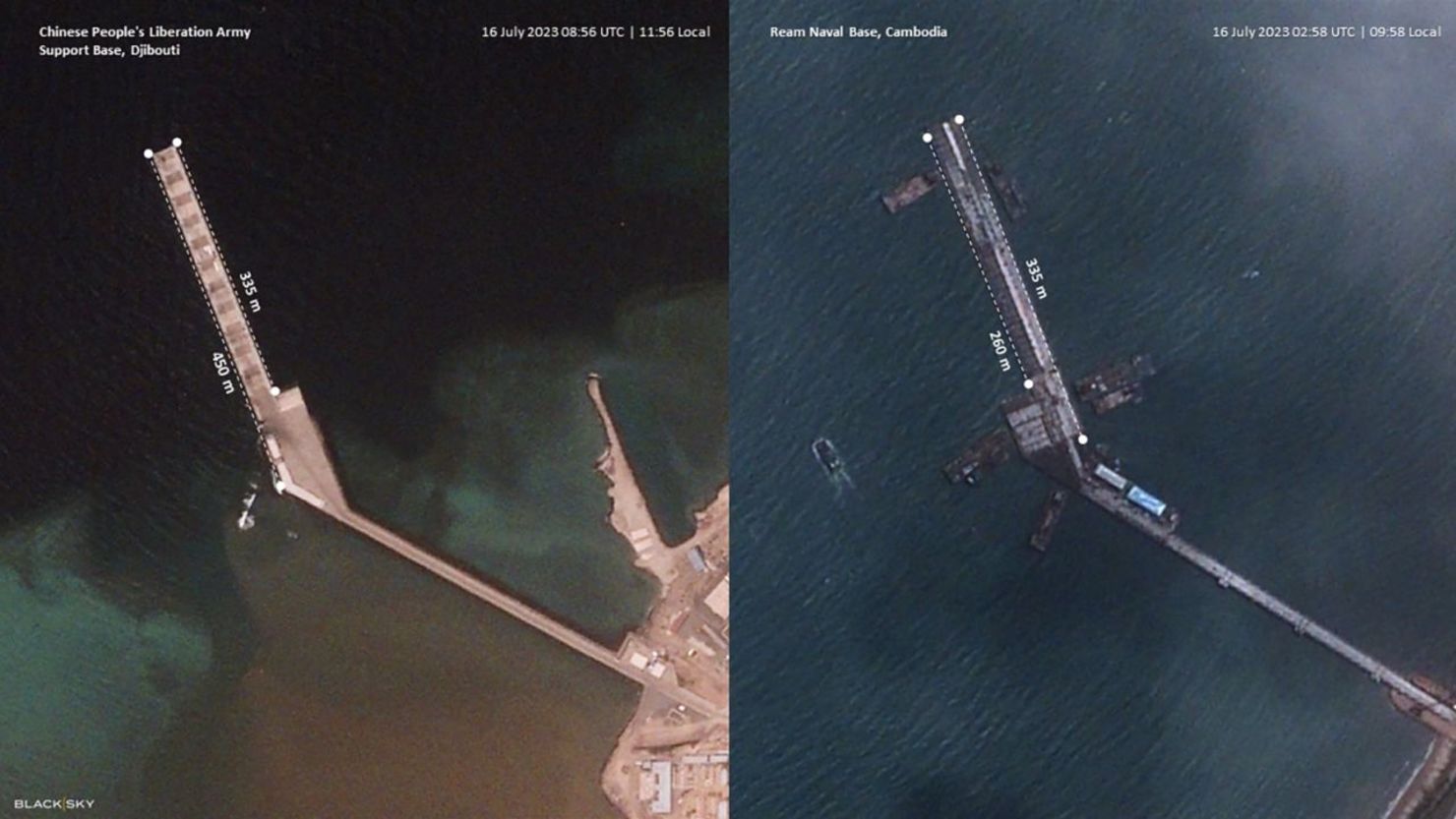 Imágenes de satélite de BlackSky facilitadas a CNN muestran a la izquierda el muelle de la Base de Apoyo del Ejército Popular de Liberación de China en Yibuti, África Oriental, y la Base Naval de Ream en Camboya, el 16 de julio de 2023.