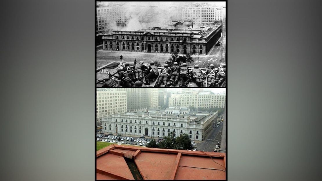 La parte superior de esta foto muestra a las tropas del Ejército chileno disparando contra el Palacio de La Moneda en Santiago, el 11 de septiembre de 1973. Abajo, el mismo lugar casi 30 años después.