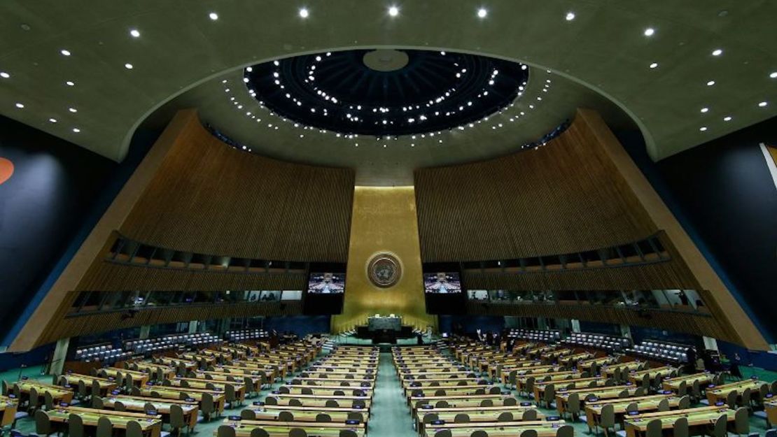 Salón de la Asamblea General de la ONU antes del Debate General de la 76ª sesión en la Sede de las Naciones Unidas, el 20 de septiembre de 2021 en Nueva York.