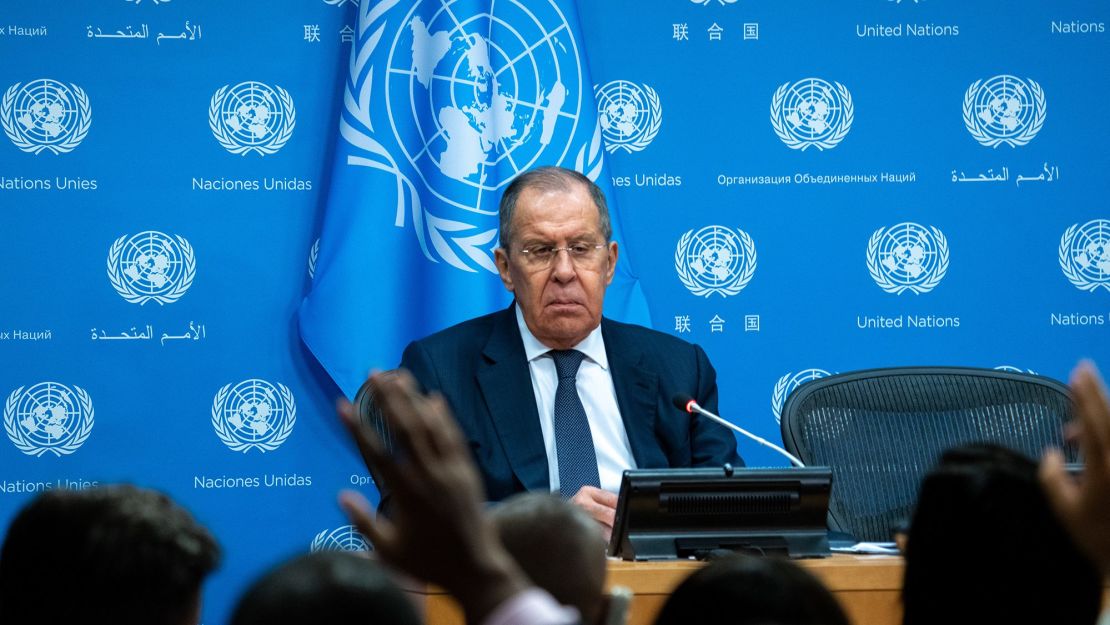 El ministro ruso de Relaciones Exteriores, Sergey Lavrov, durante una conferencia de prensa en el marco de la Asamblea General de las Naciones Unidas.