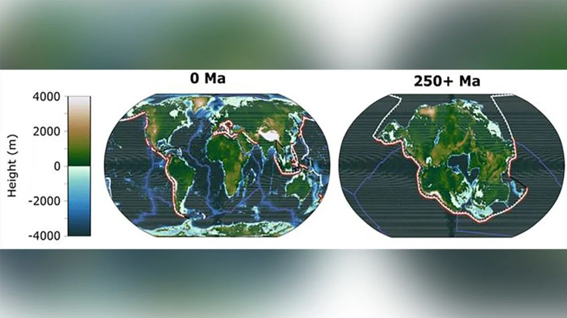 Esta imagen muestra la geografía de la Tierra actual y la geografía proyectada de la Tierra dentro de 250 millones de años, cuando todos los continentes converjan en un supercontinente.