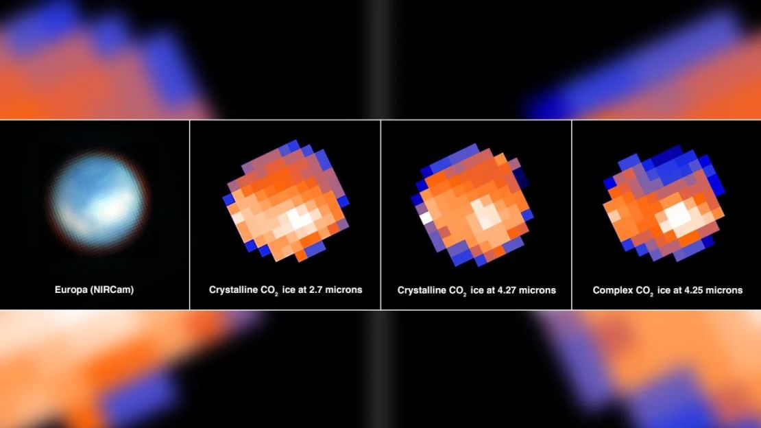 El espectrógrafo de infrarrojo cercano de Webb identificó dióxido de carbono en la superficie de Europa. Crédito: NASA/ESA/CSA