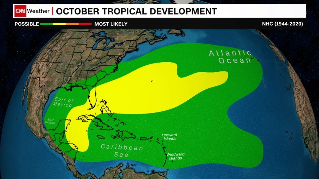 Áreas donde el desarrollo tropical ocurre típicamente durante octubre.