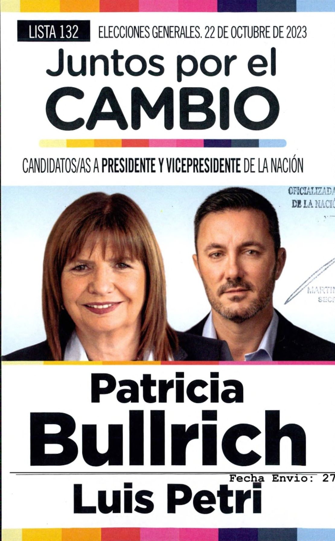 Esta es la boleta de Patricia Bullrich y Luis Petri para las elecciones generales de Argentina.