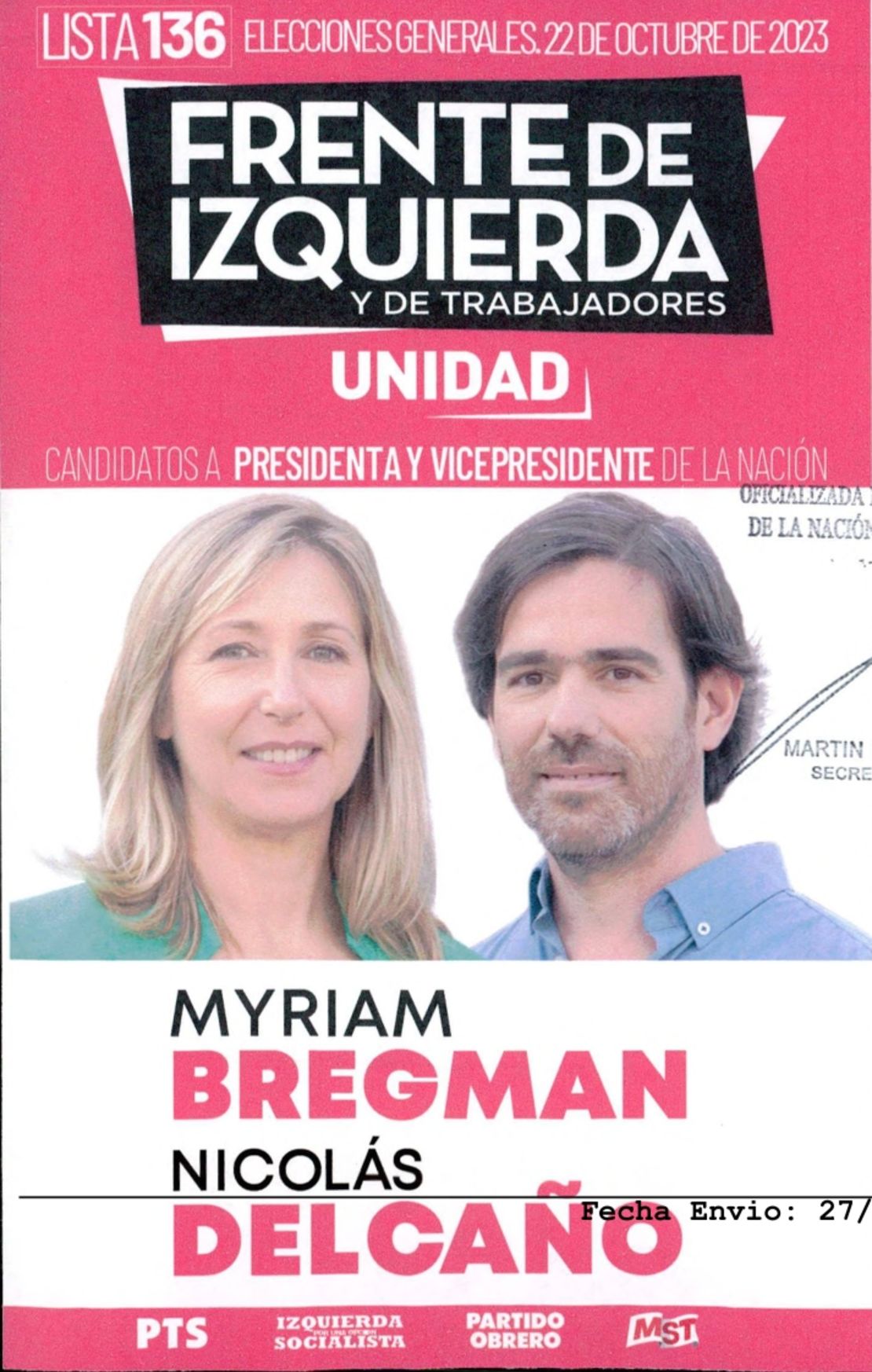 La boleta de Bregman y Del Caño para las elecciones generales del 22 de octubre.