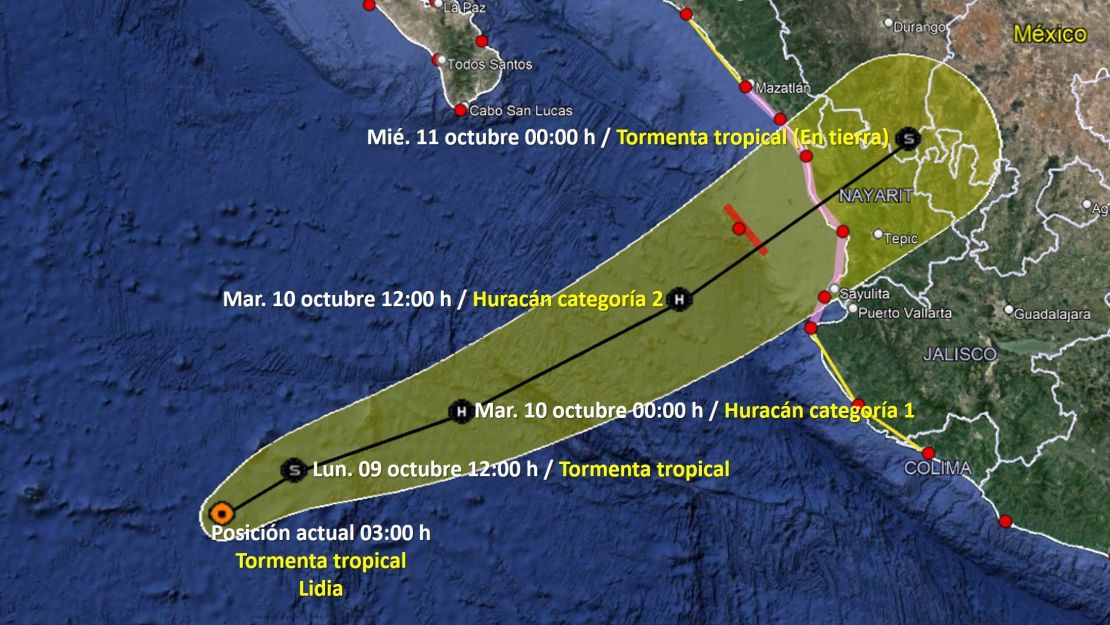 Pronóstico sobre la trayectoria de Lidia. Servicio Meteorológico de México.