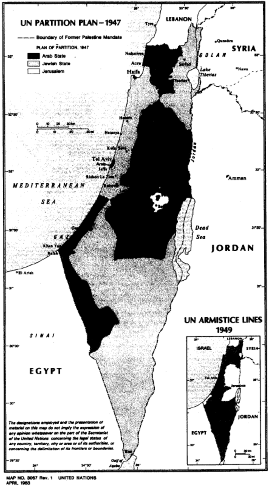 El mapa que muestra el plan de la ONU de 1947. La parte coloreada con negro representa el estado árabe, la parte gris es Israel y el centro blanco es Jerusalén.