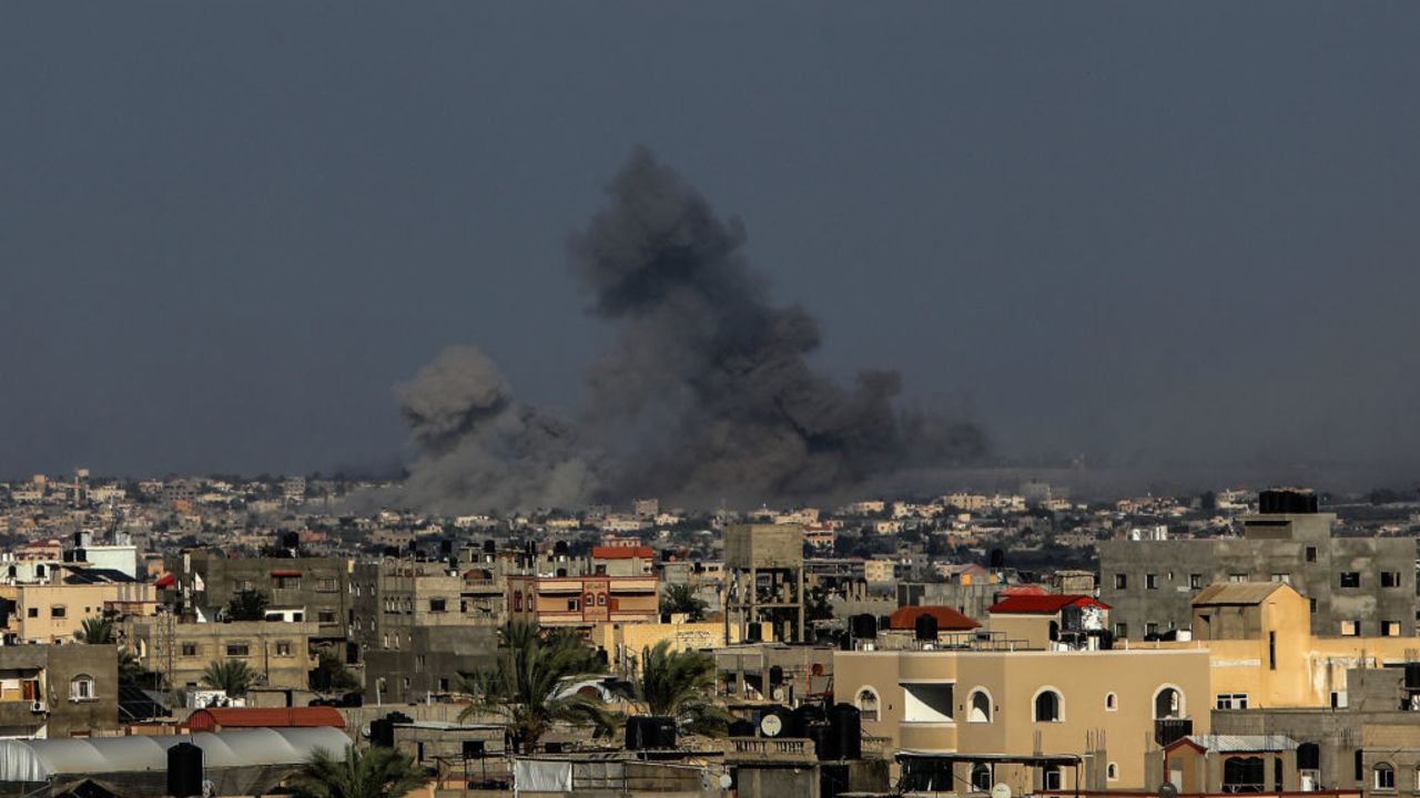 RAFAH, GAZA - OCTOBER 13: Black smoke rises after an Israeli airstrike on the seventh day of the clashes in Rafah, Gaza on October 13, 2023.