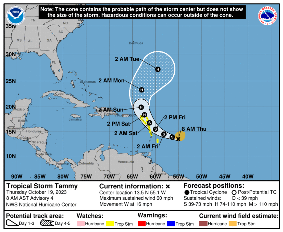 La trayectoria prevista de Tammy. El NHC estima que el ciclón tropical se intensifique a huracán este sábado.