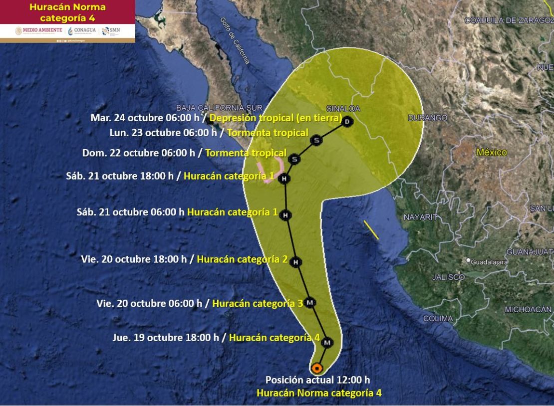 Trayectoria prevista para el huracán Norma, según el aviso 11 del SMN emitido a las 2 p.m. ET.