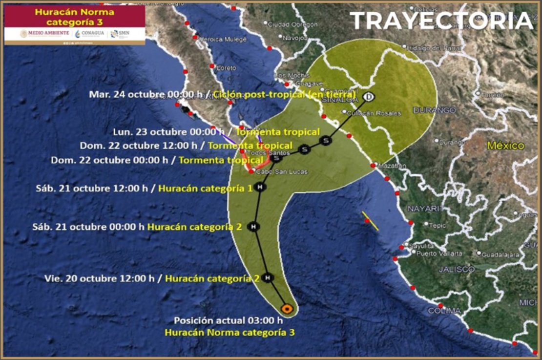 Trayectoria de Norma y posible zona de impacto, según la actualización del SMN de las 5 a.m. ET.