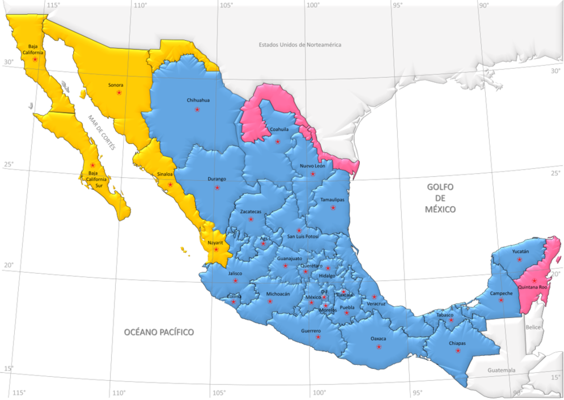 División oficial de zonas horarias en México. Crédito CENAM.