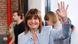 BUENOS AIRES, ARGENTINA - OCTOBER 22: Presidential Candidate for Juntos Por el Cambio Patricia Bullrich waves before casting her vote during the general elections at La Rural on October 22, 2023 in Buenos Aires, Argentina. The presidential election to succeed Alberto Fernandez comes as Argentinians have been hard hit by an annual 124% inflation and over 40% of the population is considered to be living in poverty.