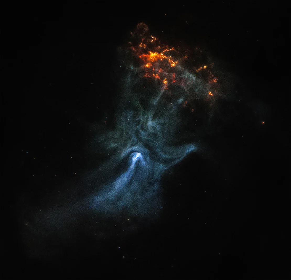 La imagen original de Chandra de la nebulosa muestra el púlsar, el punto blanco brillante dentro de la "palma", mientras que la nube naranja son los restos de una explosión de supernova.