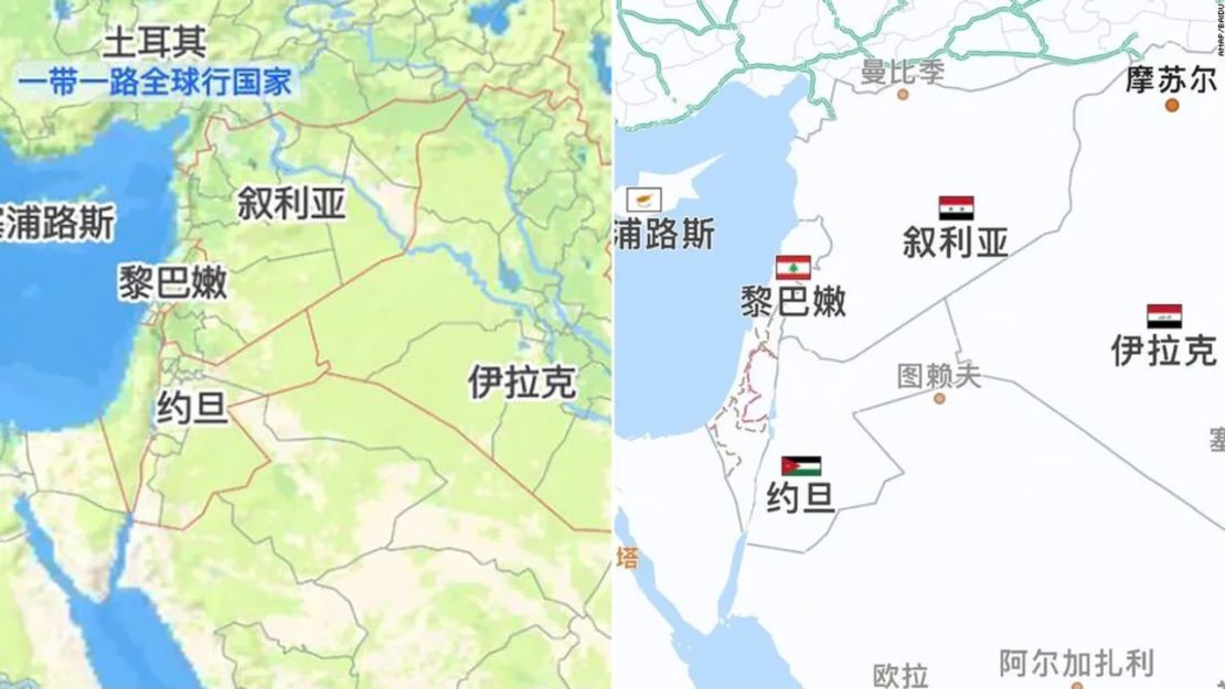 Los mapas de aplicaciones móviles populares de Amap (izquierda), respaldada por Alibaba, y de la principal plataforma de búsqueda Baidu muestran los nombres de otros países de la región, pero no el de Israel.